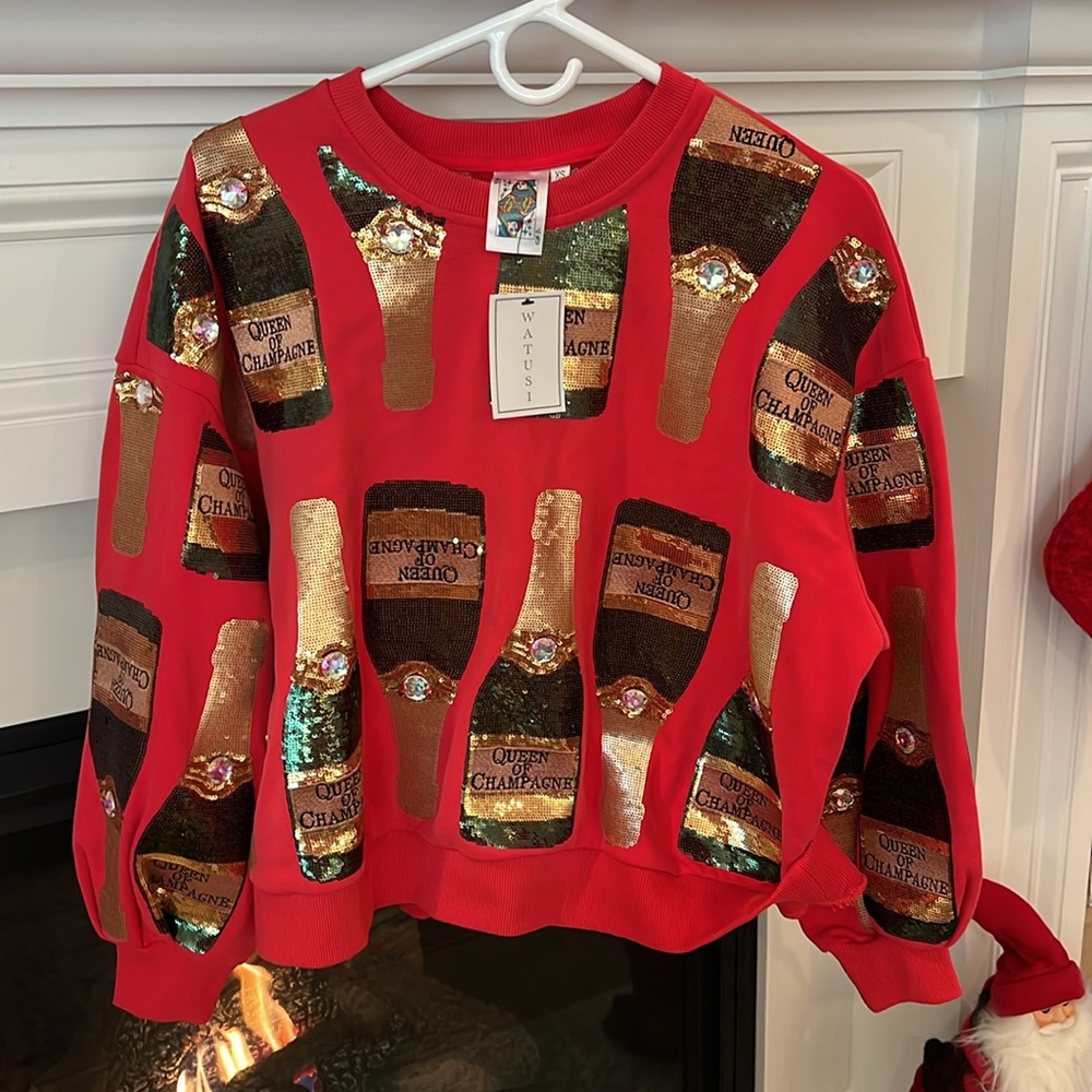 NWT Queen of Sparkles Red Champagne Sweatshirt Size XS
